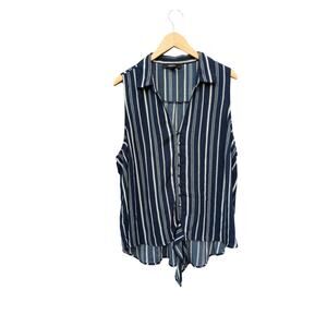 Preppy Costal Career Button Tie Navy Blue White Striped Plus Size 3X Blouse